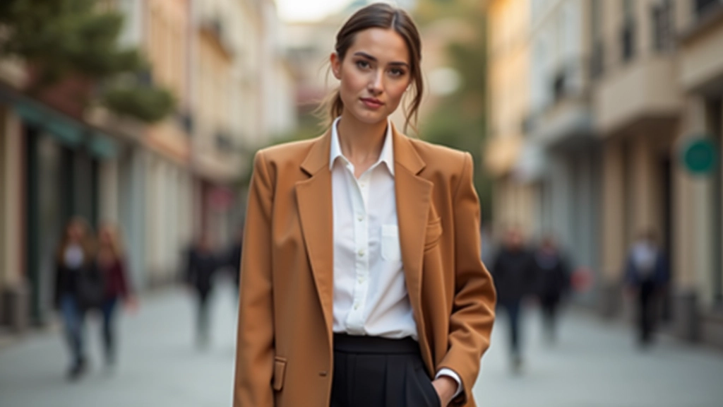 Karamel rengi oversized ceketi ve dar pantolon kombinesiyle poz veren kadın, aydınlık sokak ortamında